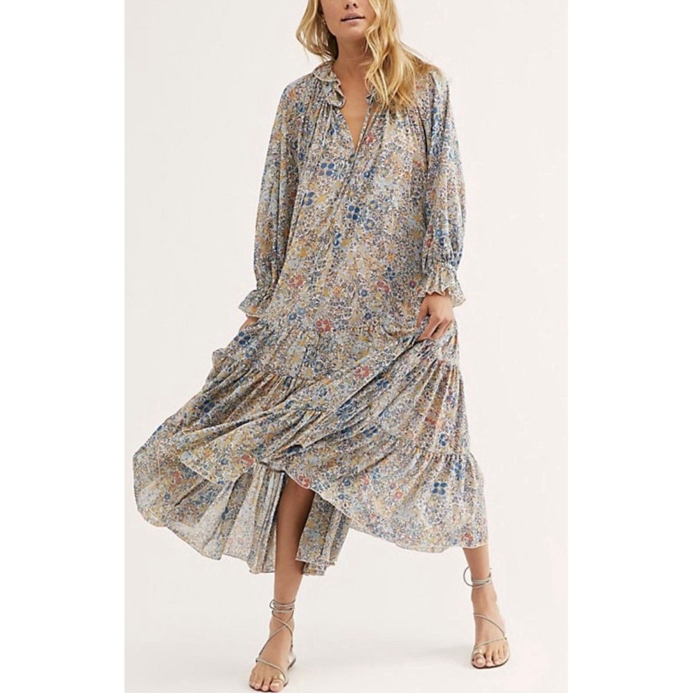 Free People Feeling Groovy Maxi‎ Dress M Blue Floral Boho Cottagecore Chiffon